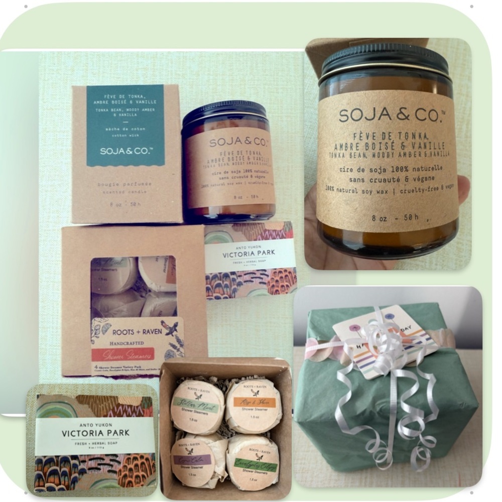 Made in Canada Spa Gift Set - Tonka Bean Candle, shower steamers, Luxury Soap